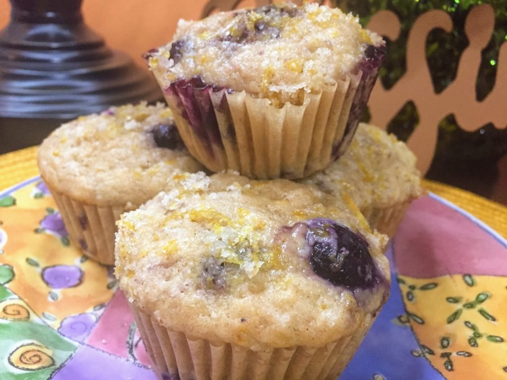 Plate of lemony blueberry banana muffins