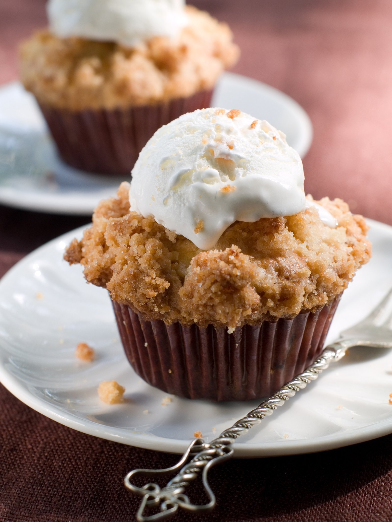 Spelt bran muffin topped with coconut ice cream